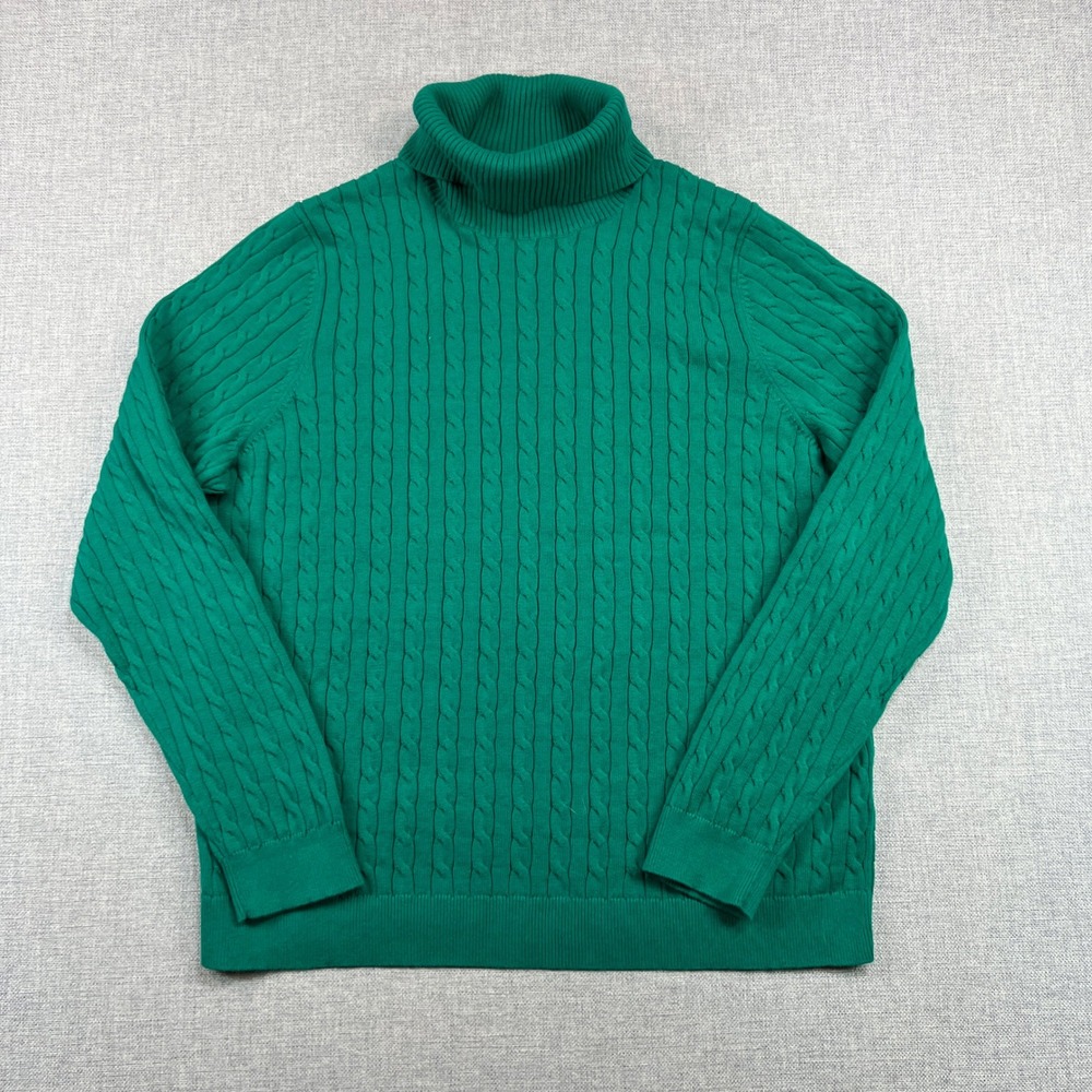 Lands End Green Cable Knit Turtleneck Sweater Women L 14-16 Cotton Fisherman